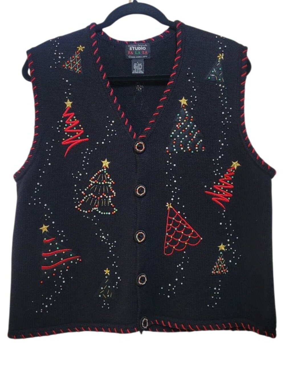 Designers Originals Studio Christmas Sweater Vest Black Embroidered Tree Knit L